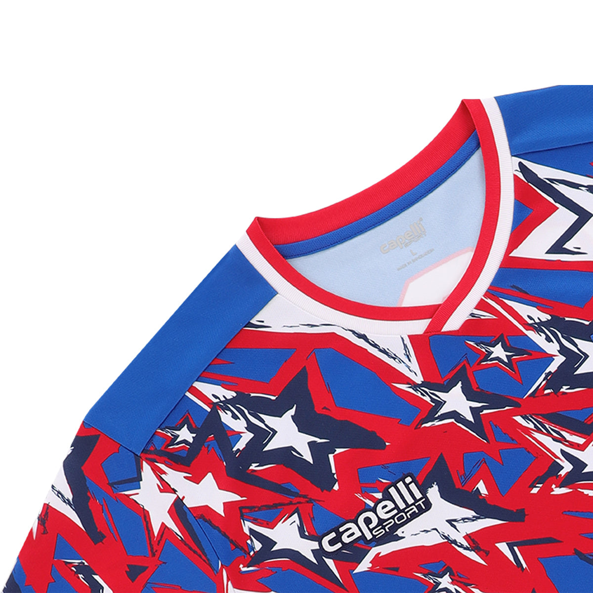 USA stars jersey with red-and-white striped crew neck trim