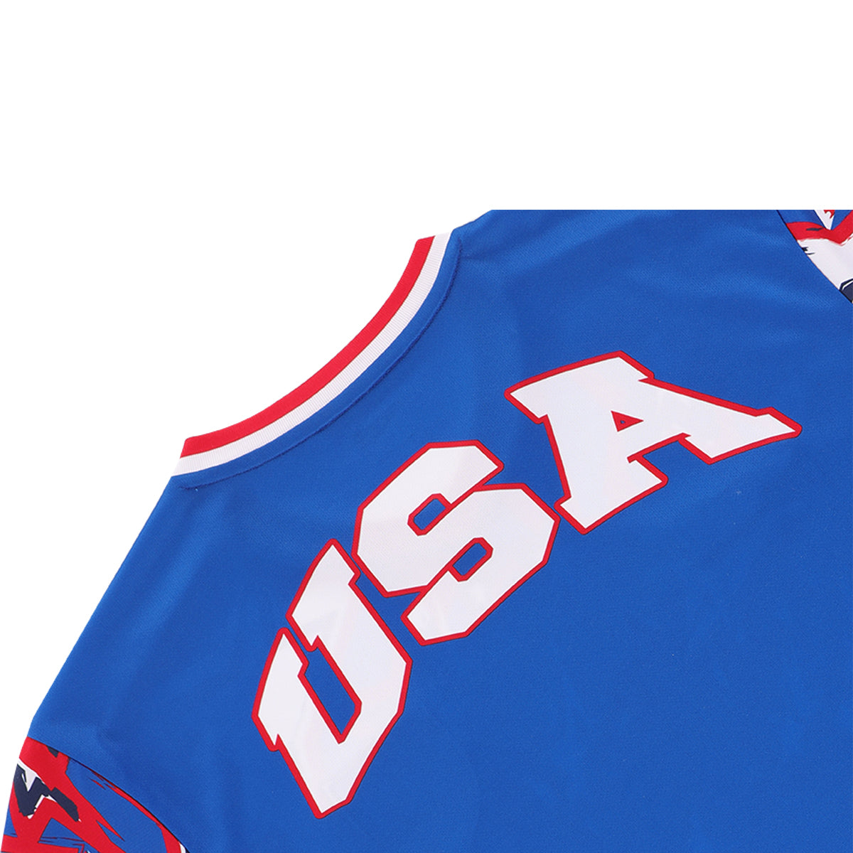 USA text graphic on blue jersey back with red and white outline