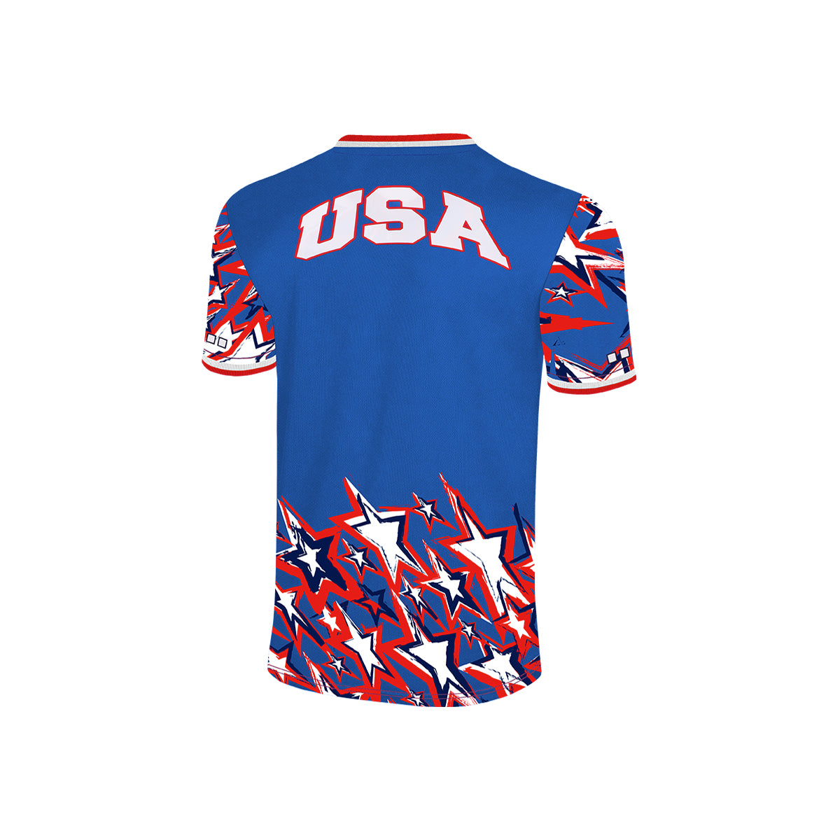 Back view USA stars jersey with large USA graphic on blue
