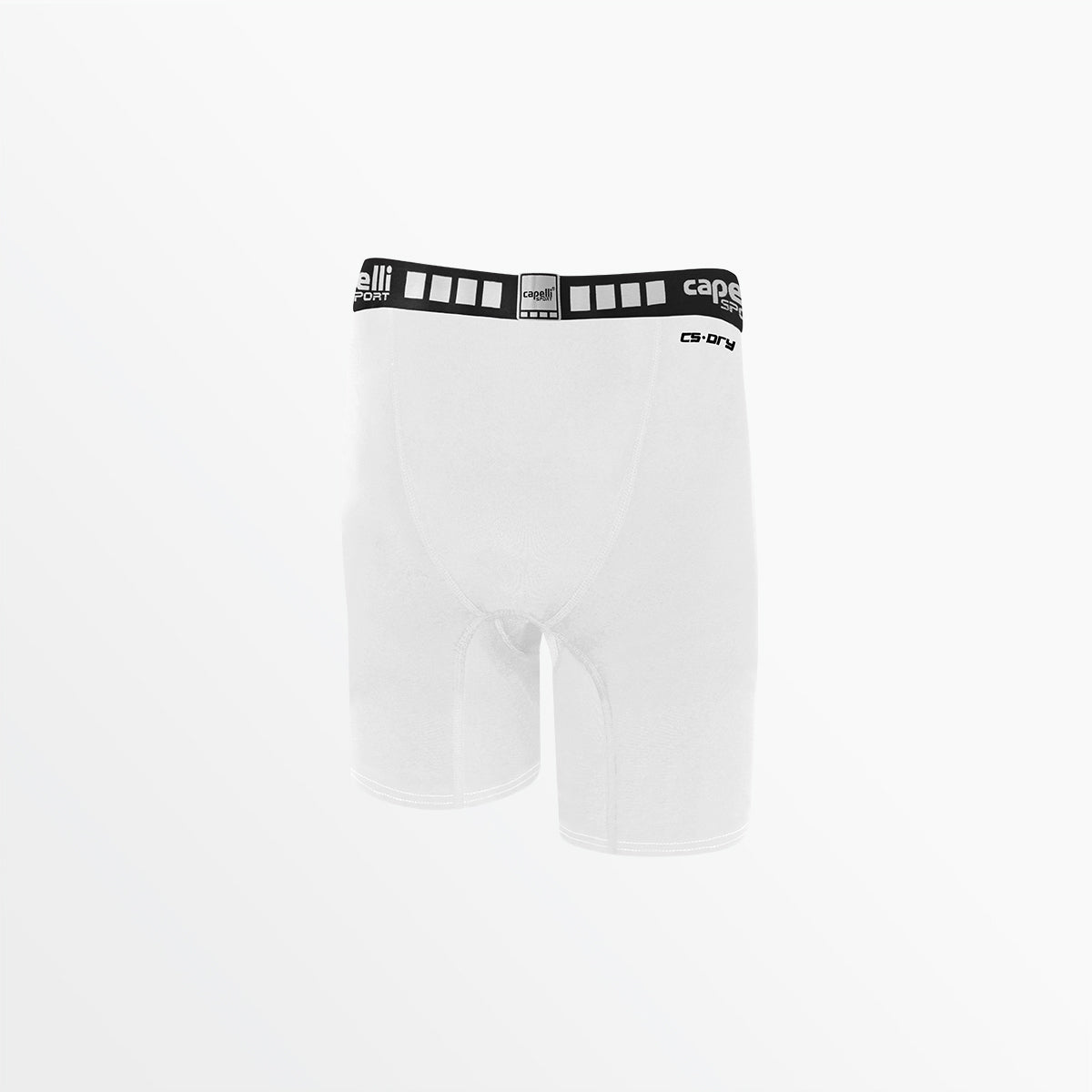Men's performance shorts, white boxer briefs style with elastic waistband and logo