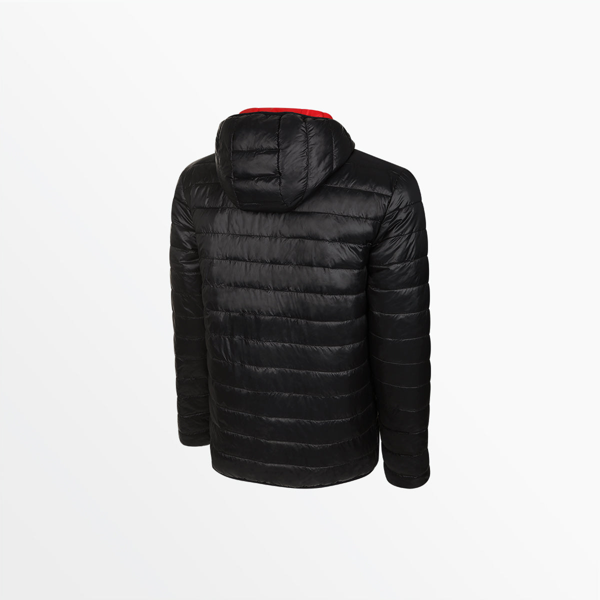 Reversible lightweight jacket, black with hood up and red lining detail