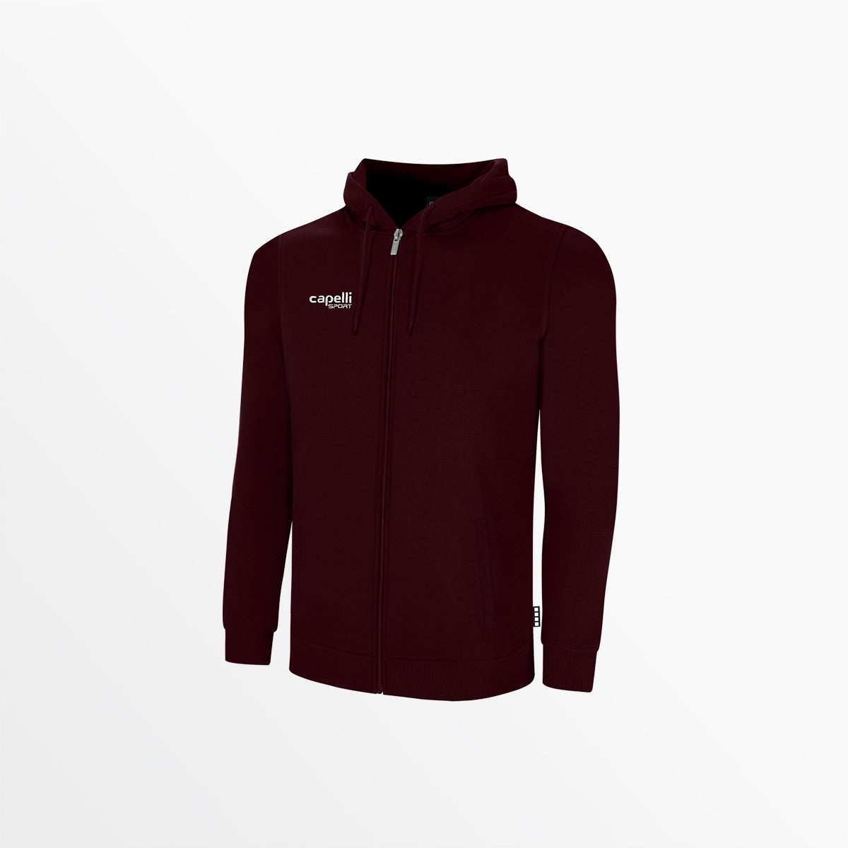Men's fleece zip hoodie in dark maroon, front zip and welt pockets, drawstring hood