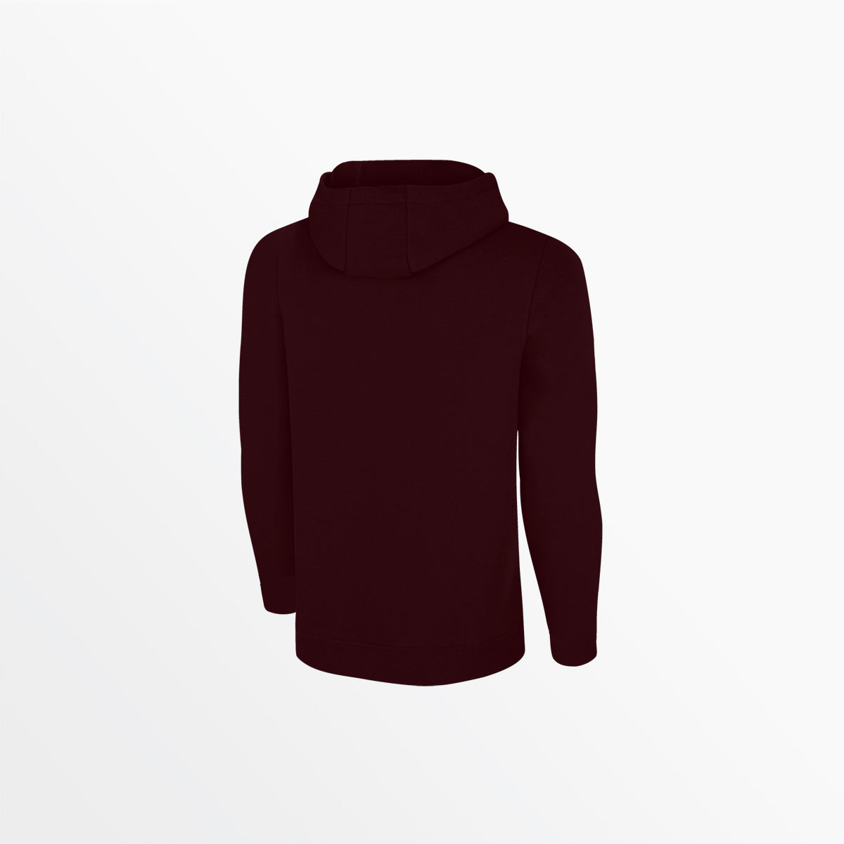 Men's fleece zip hoodie back view in dark maroon, hood and full-length sleeves