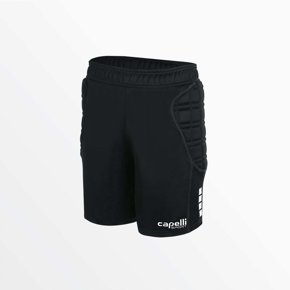 Youth black goalkeeper shorts with padded thigh guards and elastic waistband