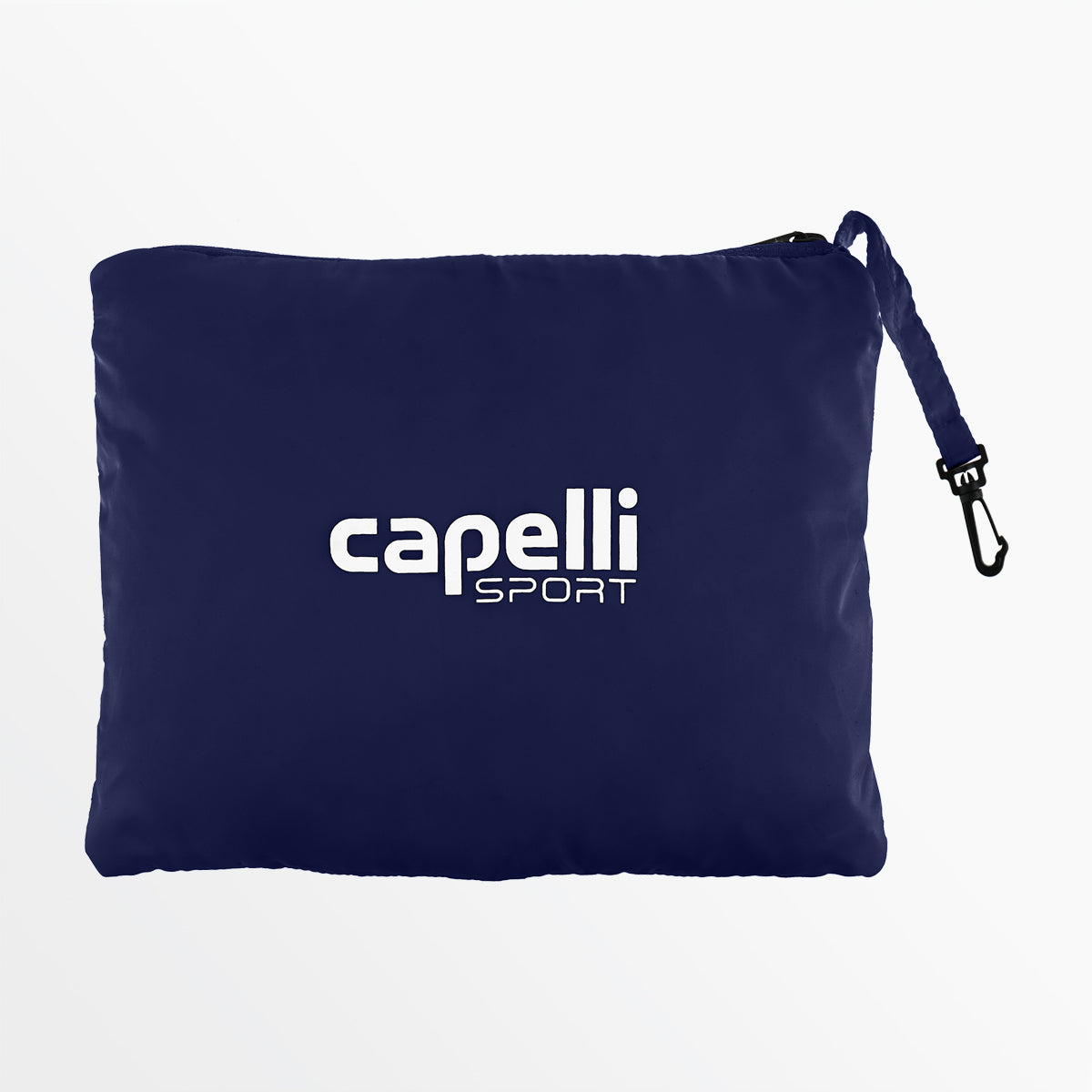 Navy windbreaker storage pouch with capelli SPORT logo and snap hook