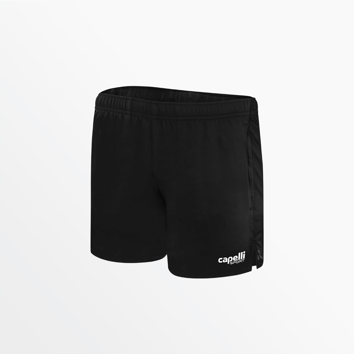 Women’s black woven running shorts, elastic waistband, side logo