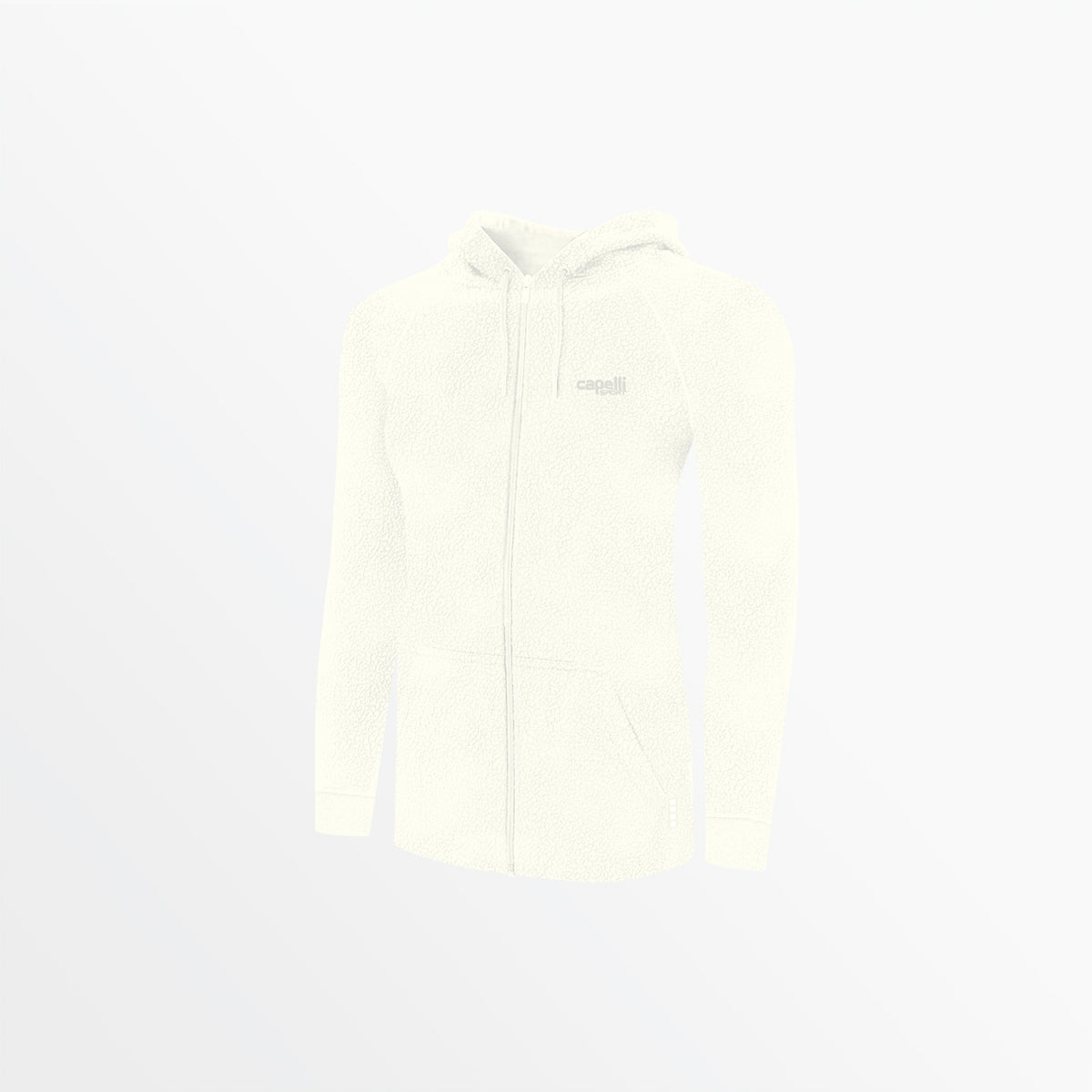 Women’s sherpa zip-up hoodie in off-white, full-zip front and hood
