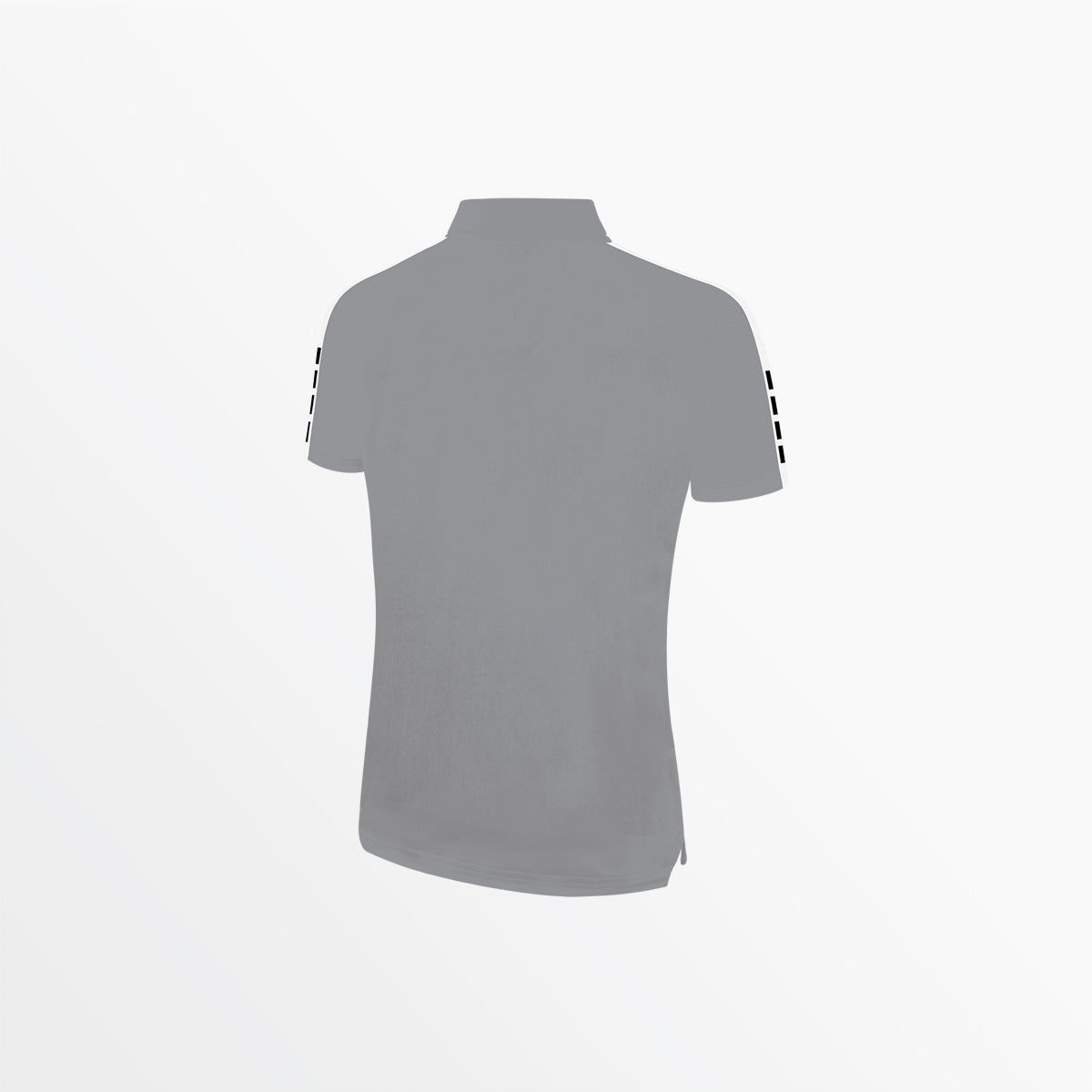 Women's grey poly polo shirt back view with short sleeves and collar