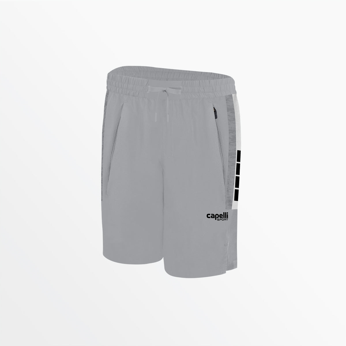 Men's woven shorts, light gray, elastic waistband and side logo on leg