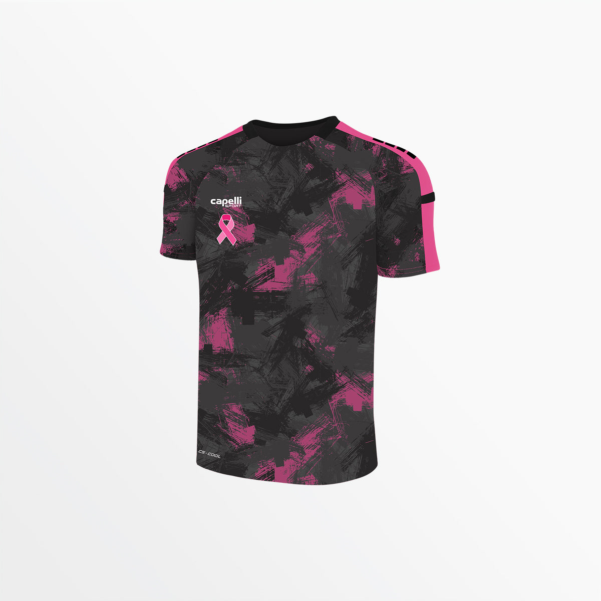 Youth soccer jersey, black with pink camo strokes, short sleeves and crew neck