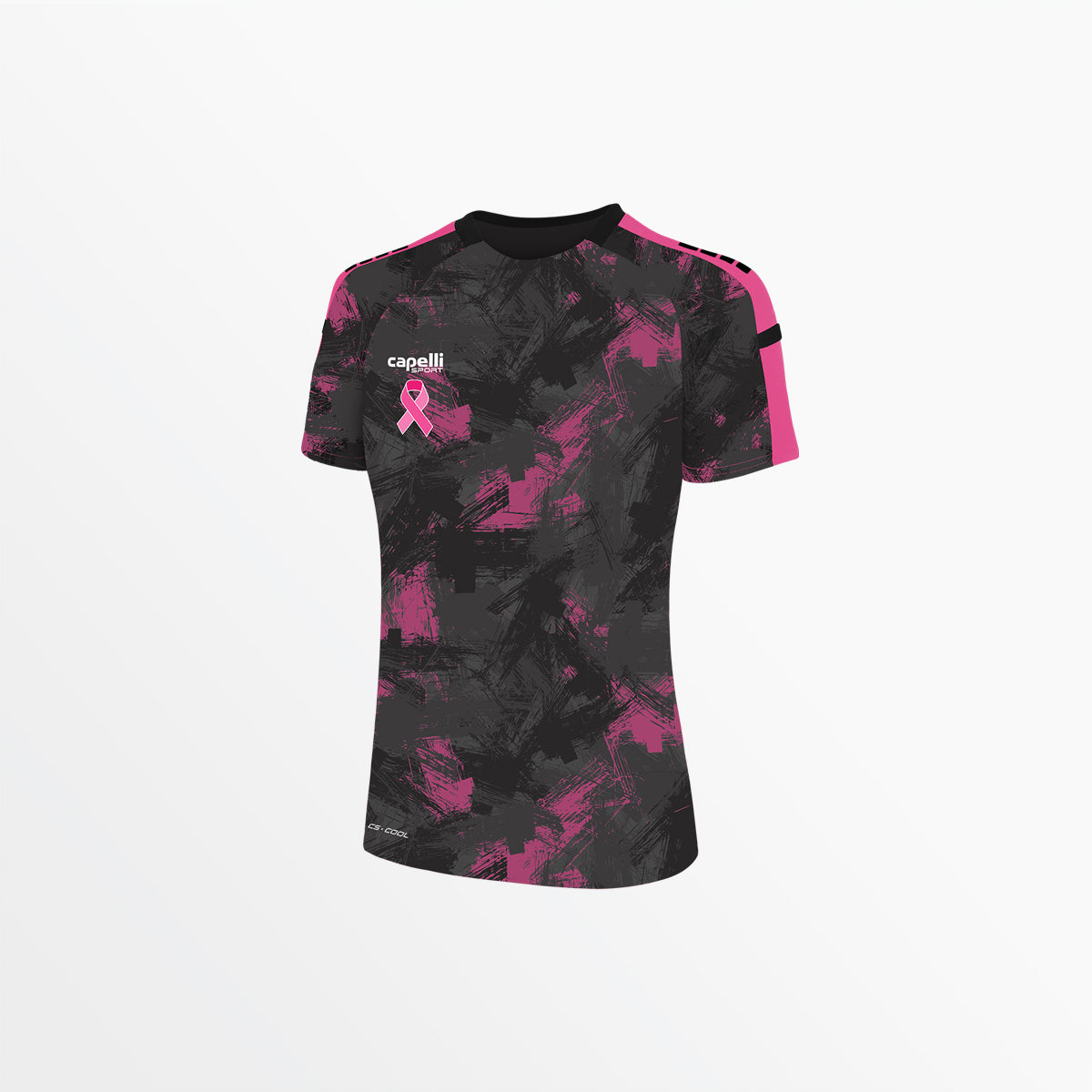 Women’s pitch jersey, black with pink camo strokes, chest logo, short sleeves