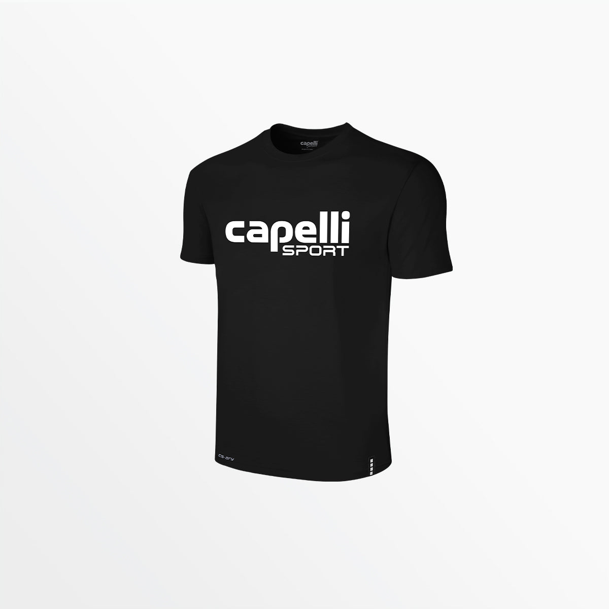 Black crew neck poly tee with capelli SPORT logo on front