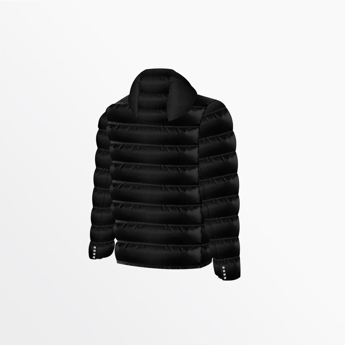 Black hooded puffer jacket with full-zip front and quilted baffle rows