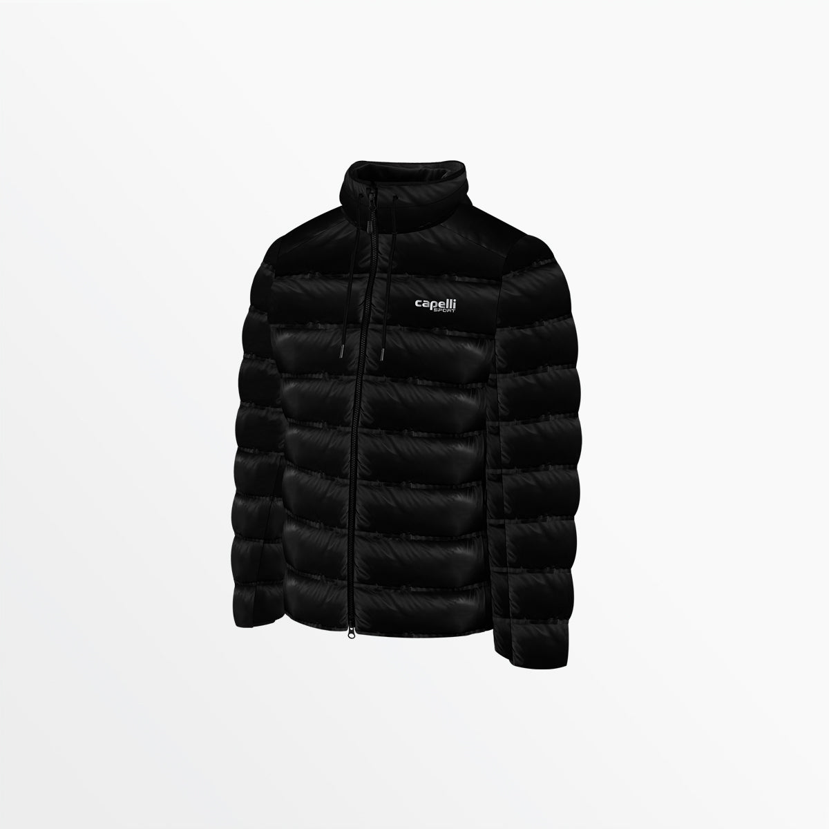 Black hooded puffer jacket with full-zip front, stand collar, and quilted panels