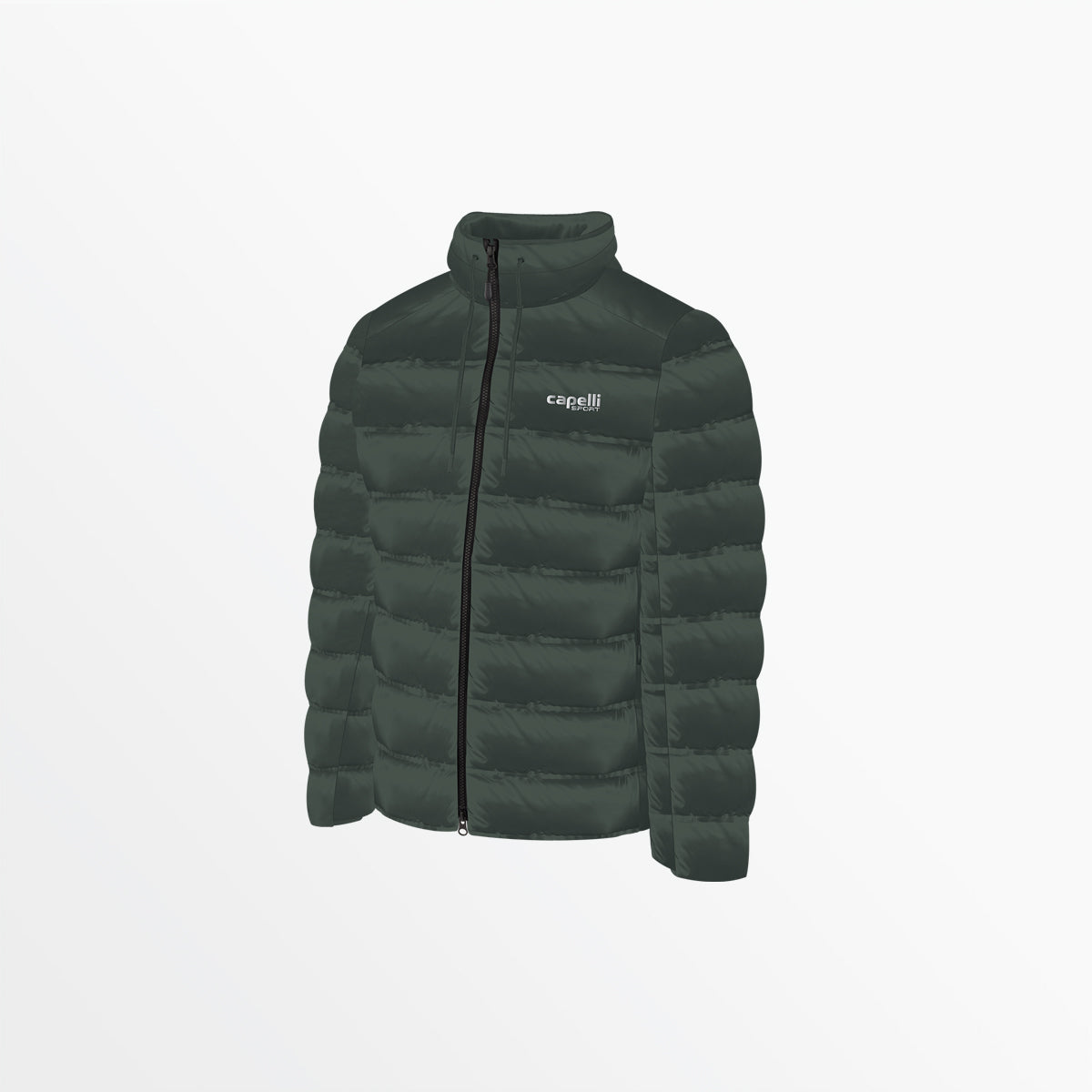Moss green hooded puffer jacket with long sleeves, full-zip front, quilted panels
