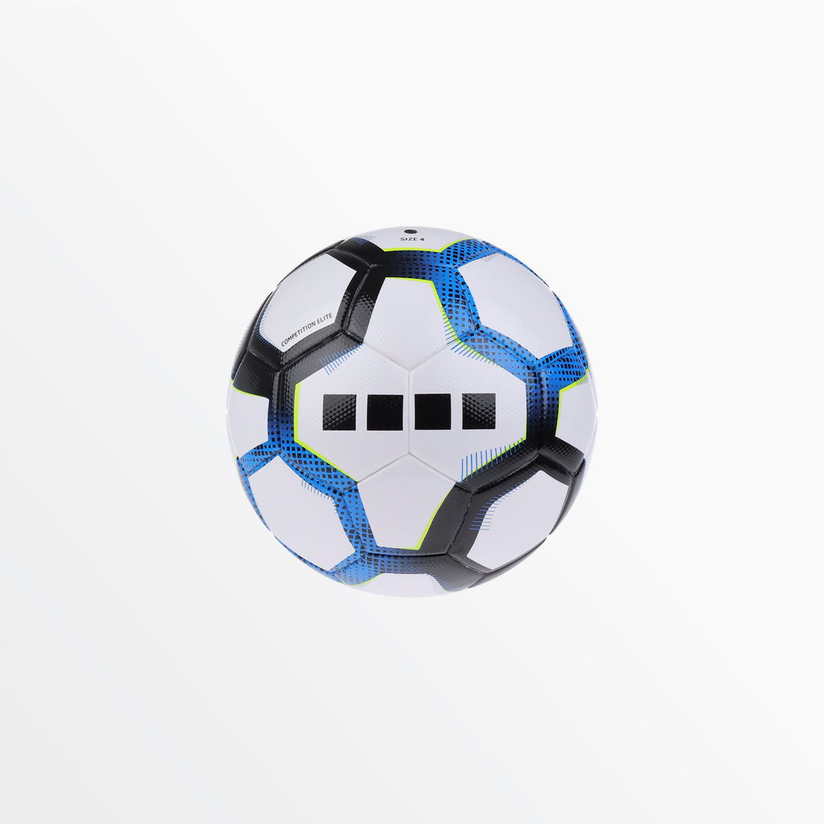 Elite soccer ball with blue-and-black geometric pattern on white surface