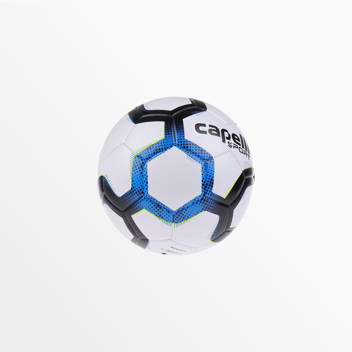 Soccer ball with partial Capelli Sport lettering, white with blue and black accents