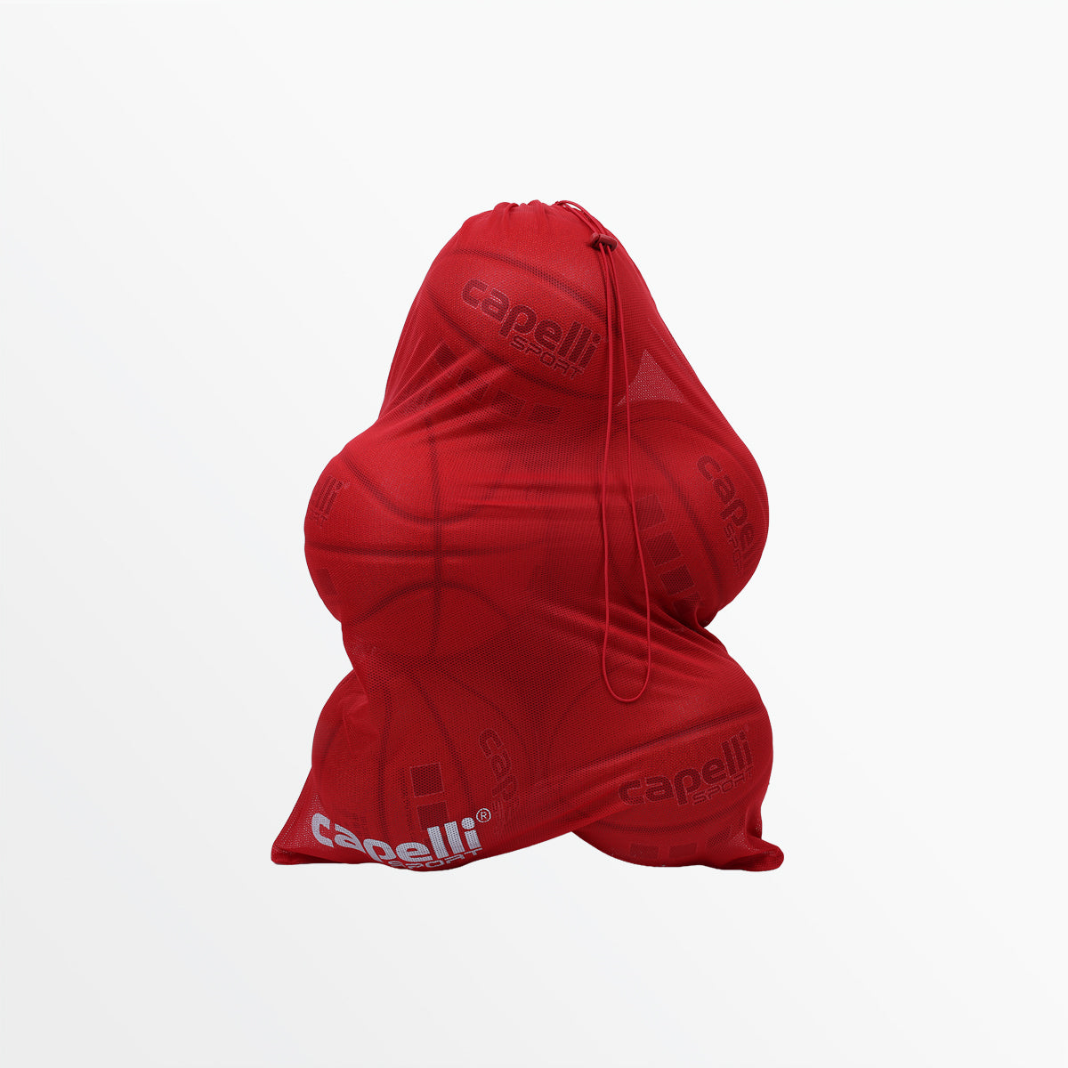 Red mesh drawstring ball bag in hooded sack shape with sport logos and drawstring cords