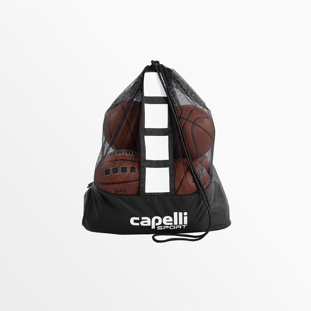 Black ball bag with mesh panels showing basketball graphic and capelli sport logo