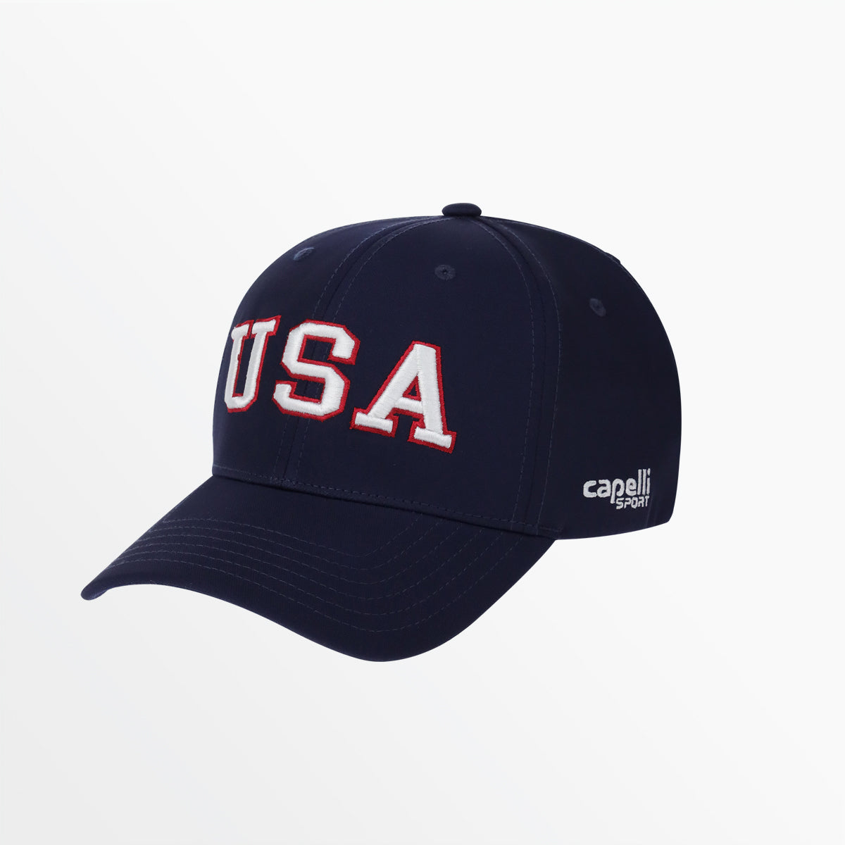 Navy baseball cap with raised “USA” lettering and “capelli sports” logo