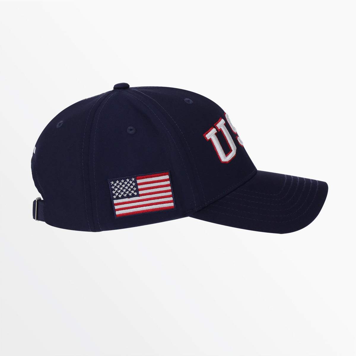 Navy baseball cap with American flag patch and “USA” letter side detail