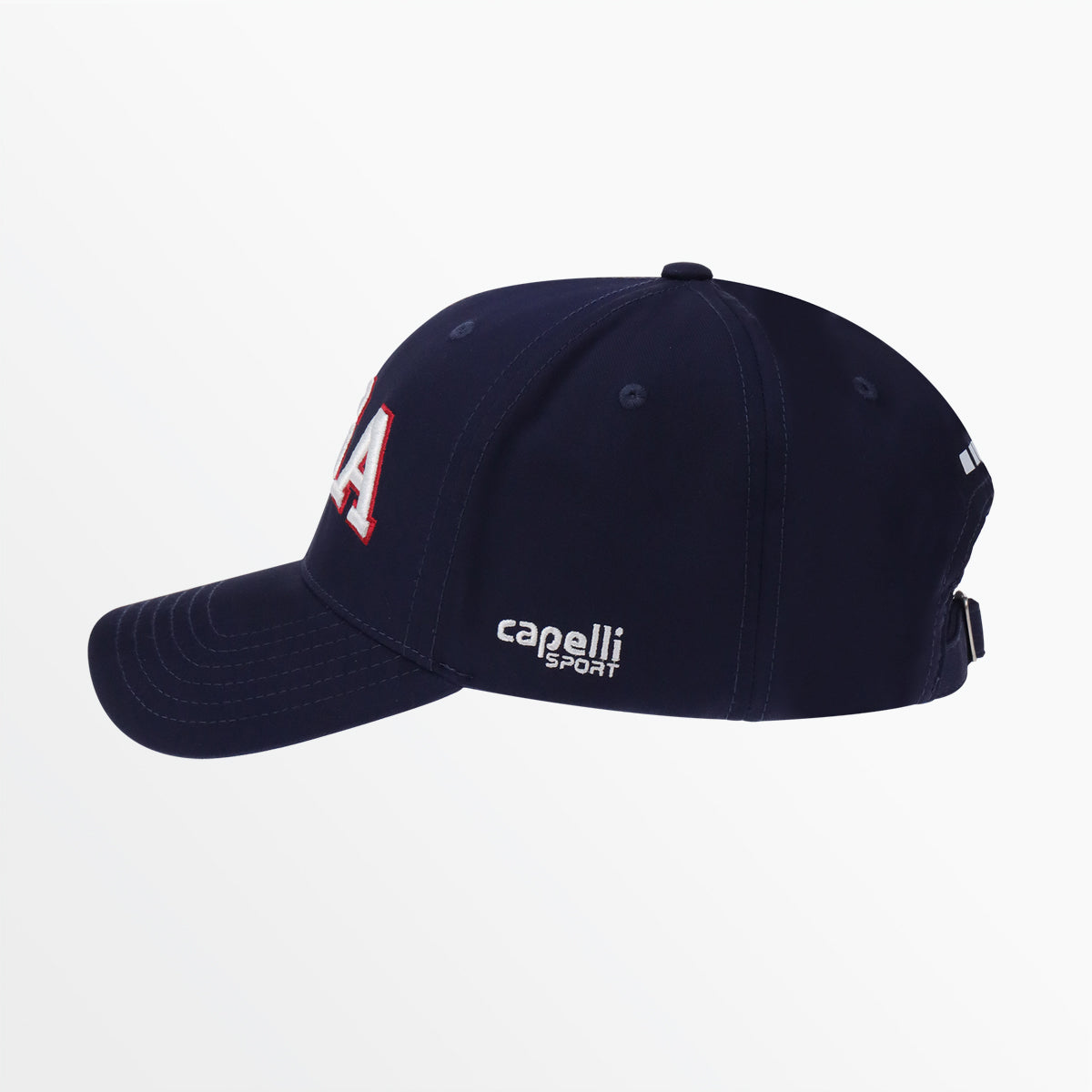 Navy baseball cap with side letter patch and “capelli sports” logo