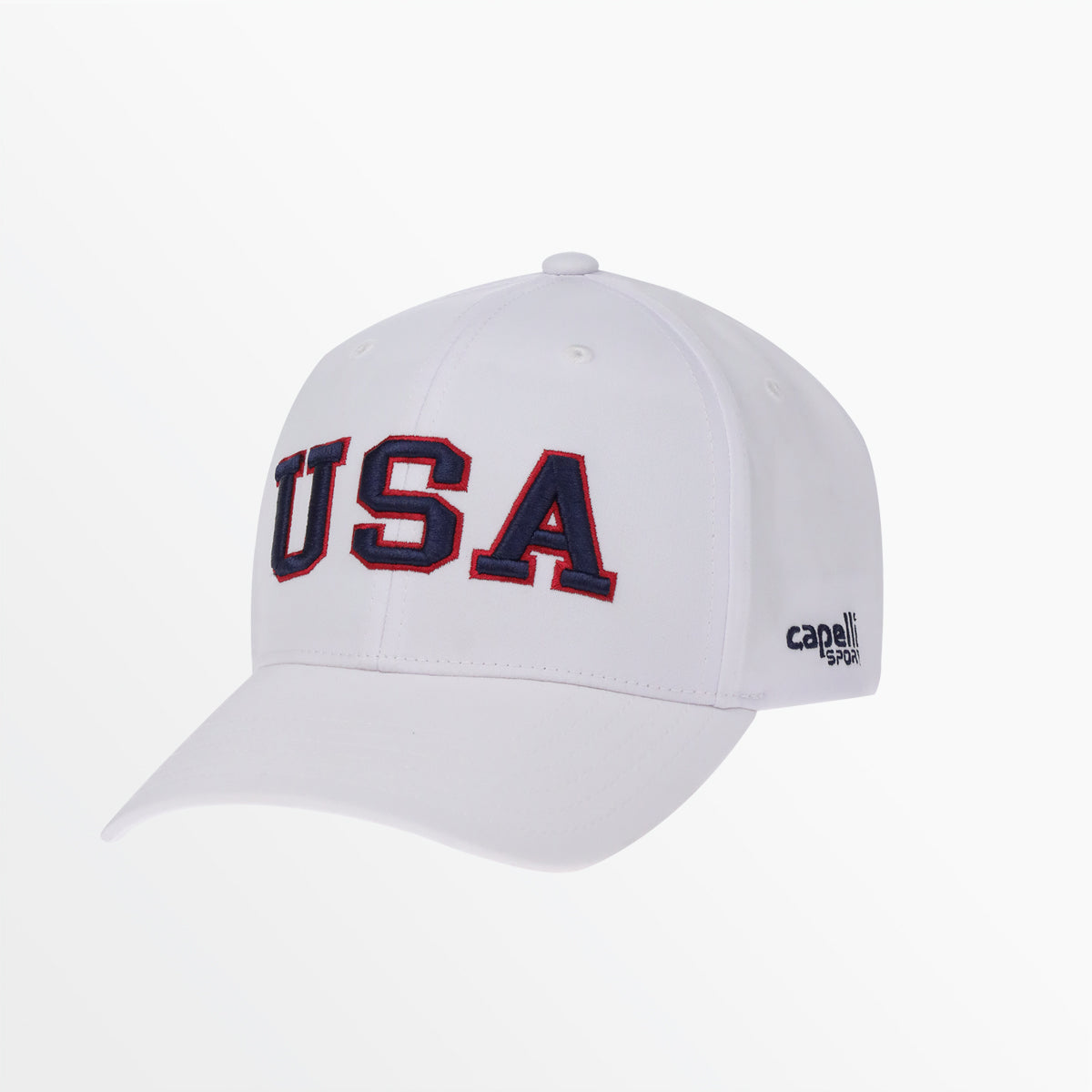 White baseball cap with “USA” front lettering and small side logo