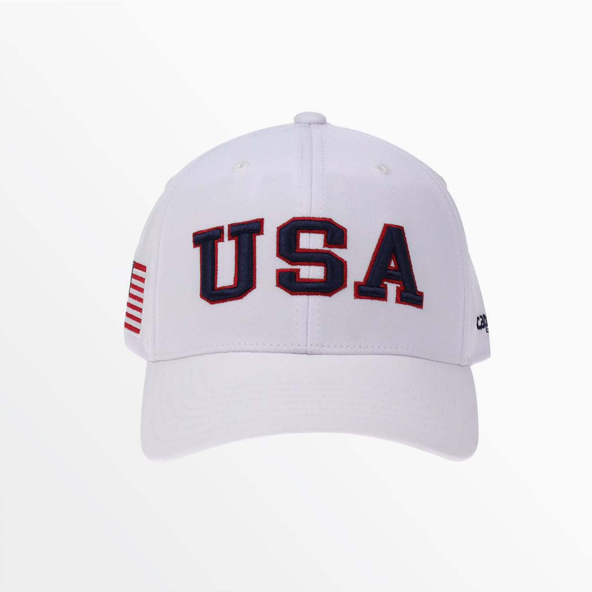 White baseball cap with bold “USA” front graphic
