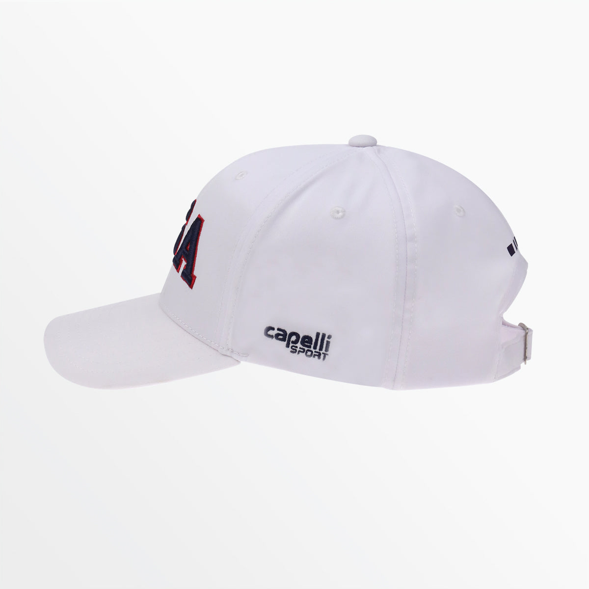 White baseball cap with side shield patch and “capelli sports” logo