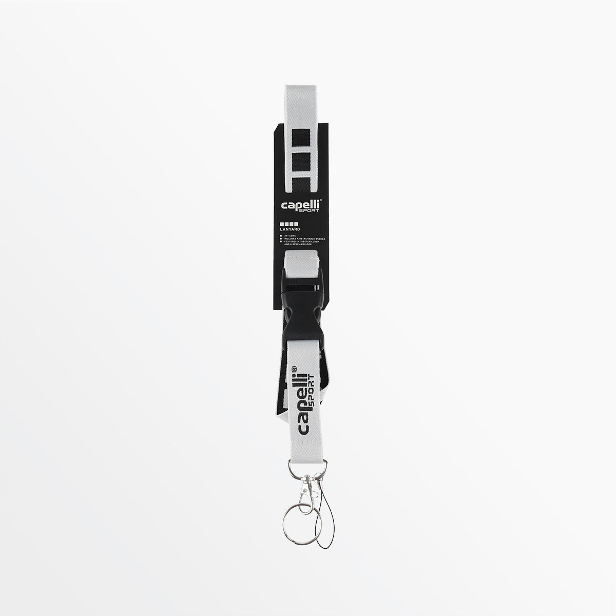 Black lanyard with repeating capelli logo, metal clip, and keyring loops
