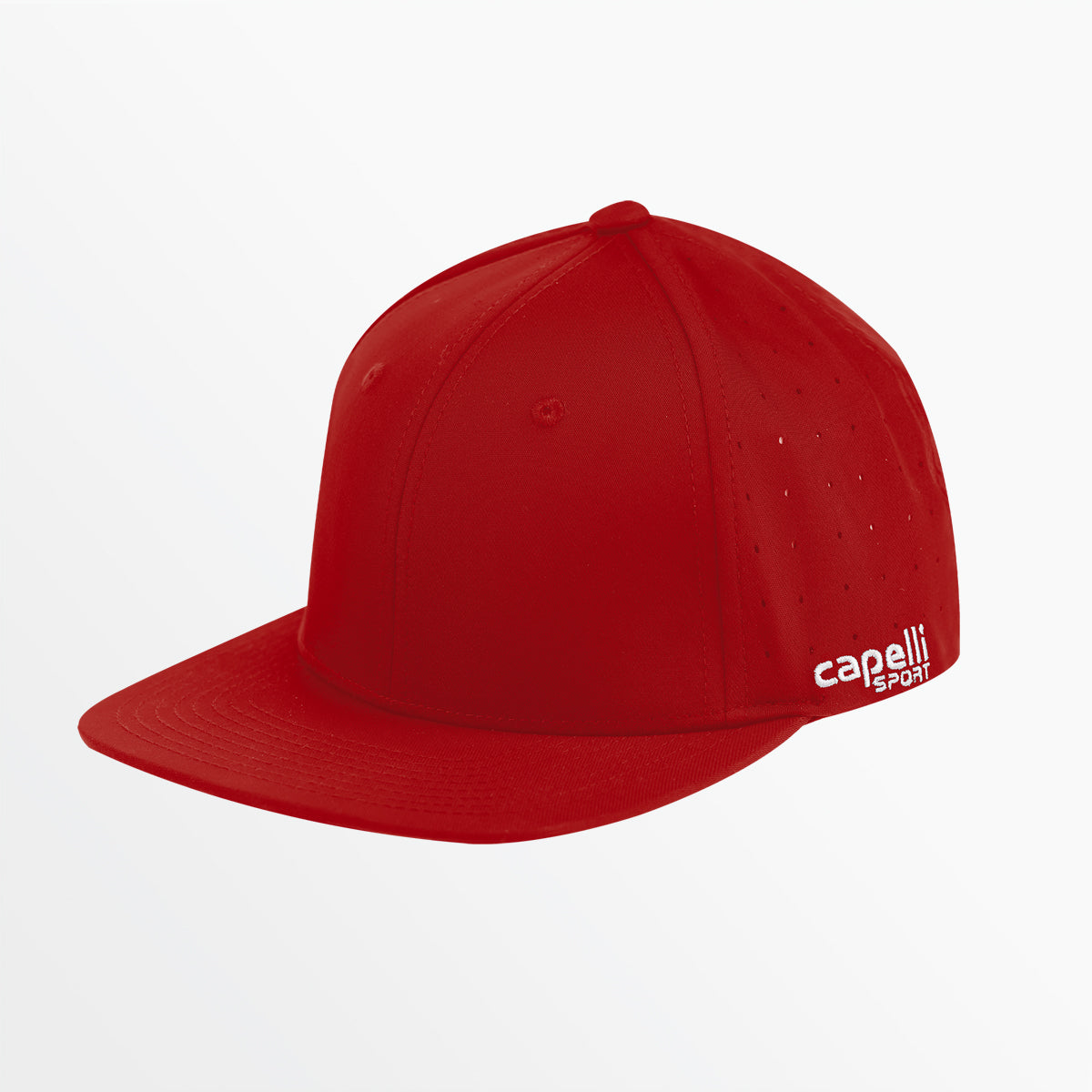 Red flat-brim flex cap with side logo and perforation dots, adjustable strap