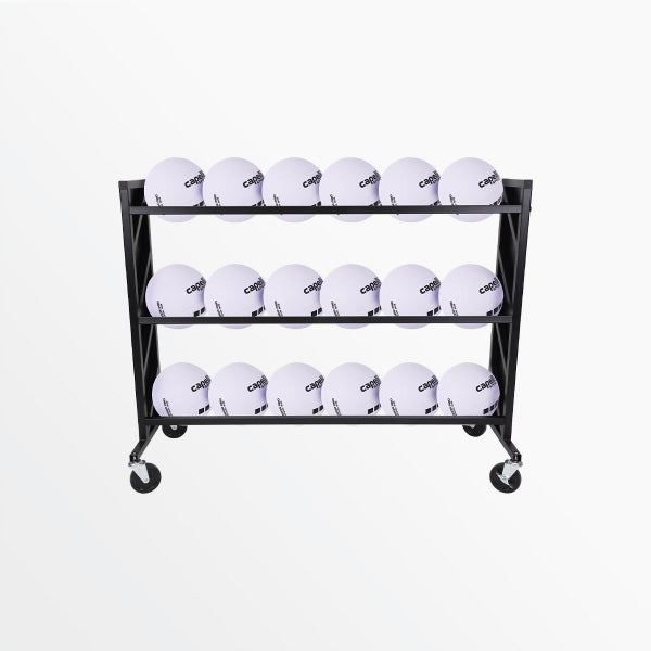 Black volleyball ball storage rack with two wire shelves and caster wheels