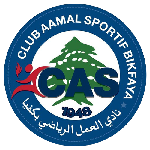 A circular club logo for Club Aamal Sportif Bikfaya, featuring a blue outer ring with white text, a green pine tree, large blue 'CAS' letters, a red stylized figure, and '1948' in navy. Arabic text is printed along the bottom curve on a white background.