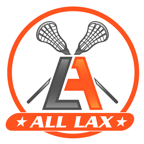 A circular logo featuring crossed lacrosse sticks behind a large stylized 'LA' mark, with an orange ring and the words 'ALL LAX' on an orange banner at the bottom.