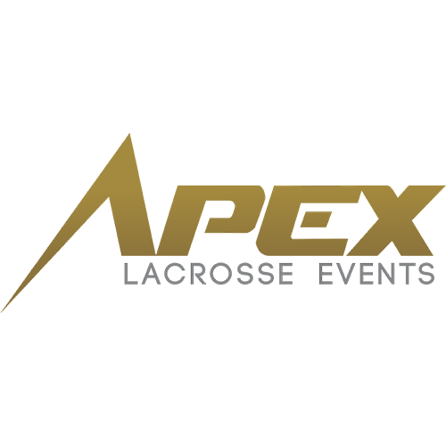 The logo for Apex Lacrosse Events, featuring a stylized metallic gold 'APEX' wordmark with a sharp diagonal accent on the left, above the words 'LACROSSE EVENTS' in gray, all on a solid black background.