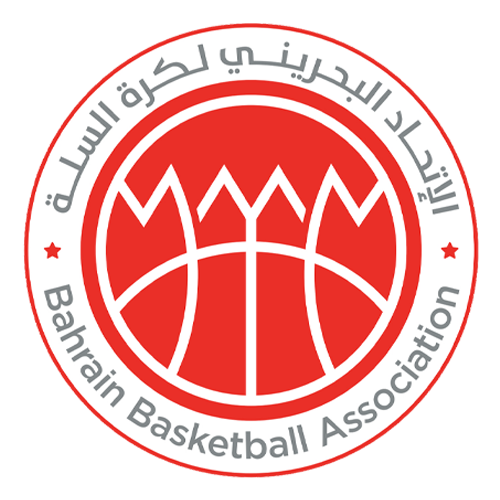 The official logo of the Bahrain Basketball Association, featuring a red circular emblem with a stylized white basketball and mountain graphic, surrounded by Arabic and English text.