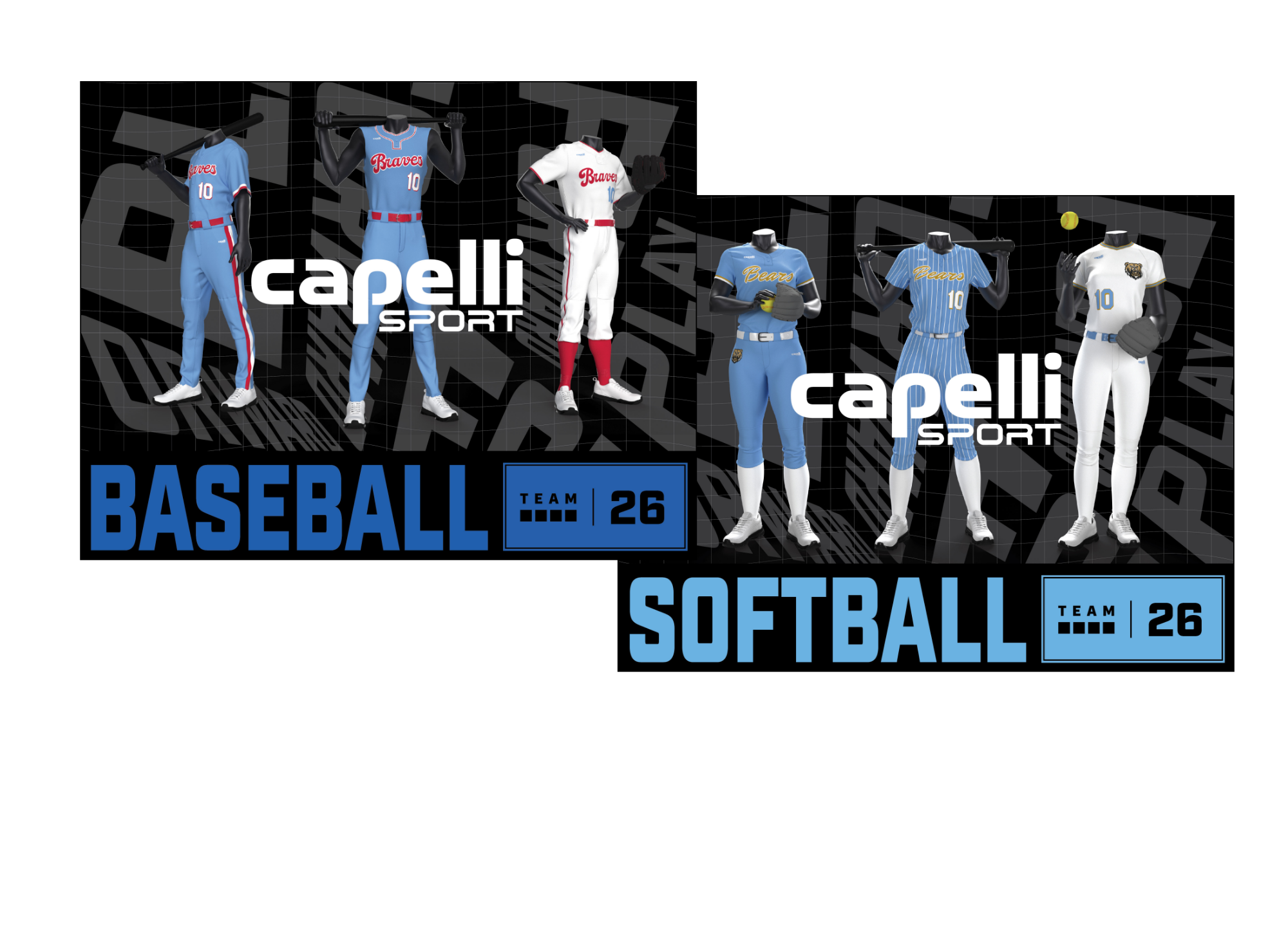 Display of baseball and softball uniforms with 'Capelli Sport' branding.