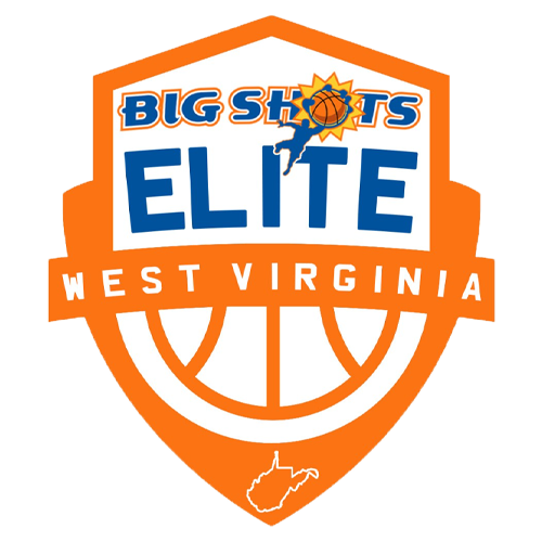 A shield-shaped basketball event logo reading "BIG SHOTS ELITE WEST VIRGINIA" in orange, blue, and white, with a basketball graphic and a small West Virginia outline at the bottom.