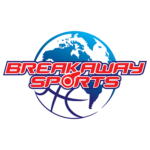A circular sports logo featuring a blue and white globe with a basketball graphic behind the red text 'BREAKAWAY SPORTS' outlined in white, on a plain white background.