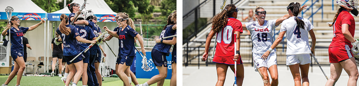 A side-by-side collage showing women's lacrosse players in action on the field and celebrating on the sidelines. The players wear navy blue, red, and white USA lacrosse uniforms, holding lacrosse sticks.