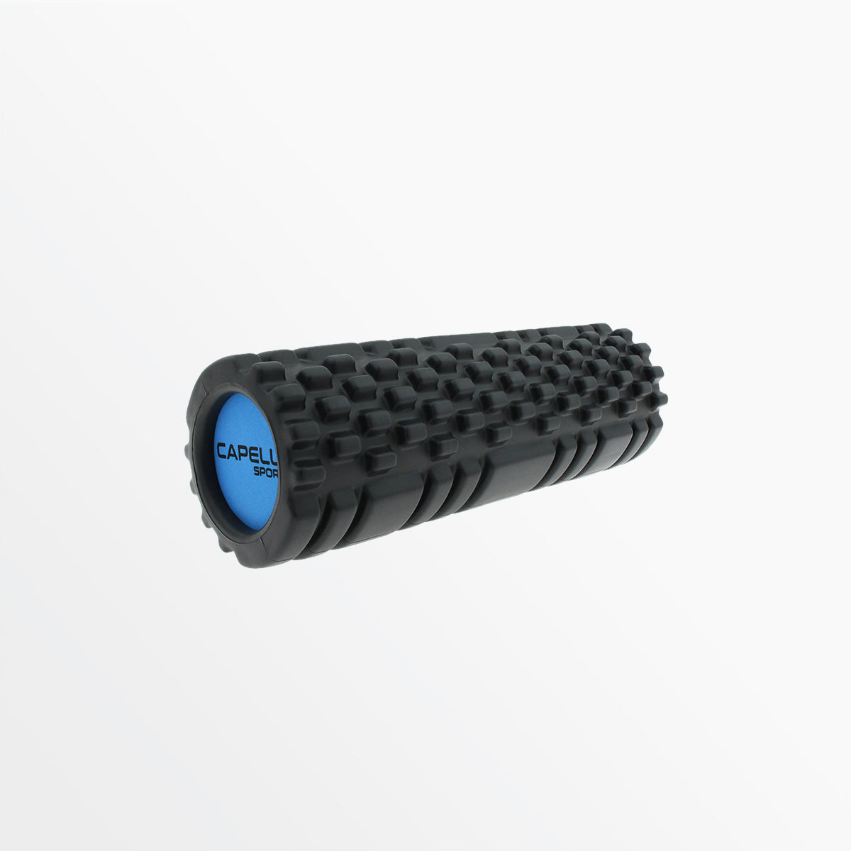 Mini body roller with black massage nubs and blue end cap