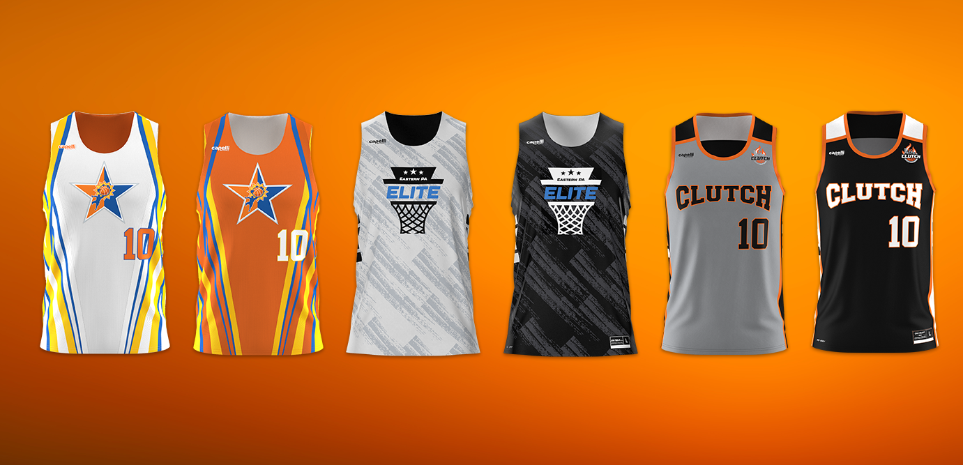 Six basketball jerseys displayed side by side against a solid orange gradient background. The jerseys feature various team designs.