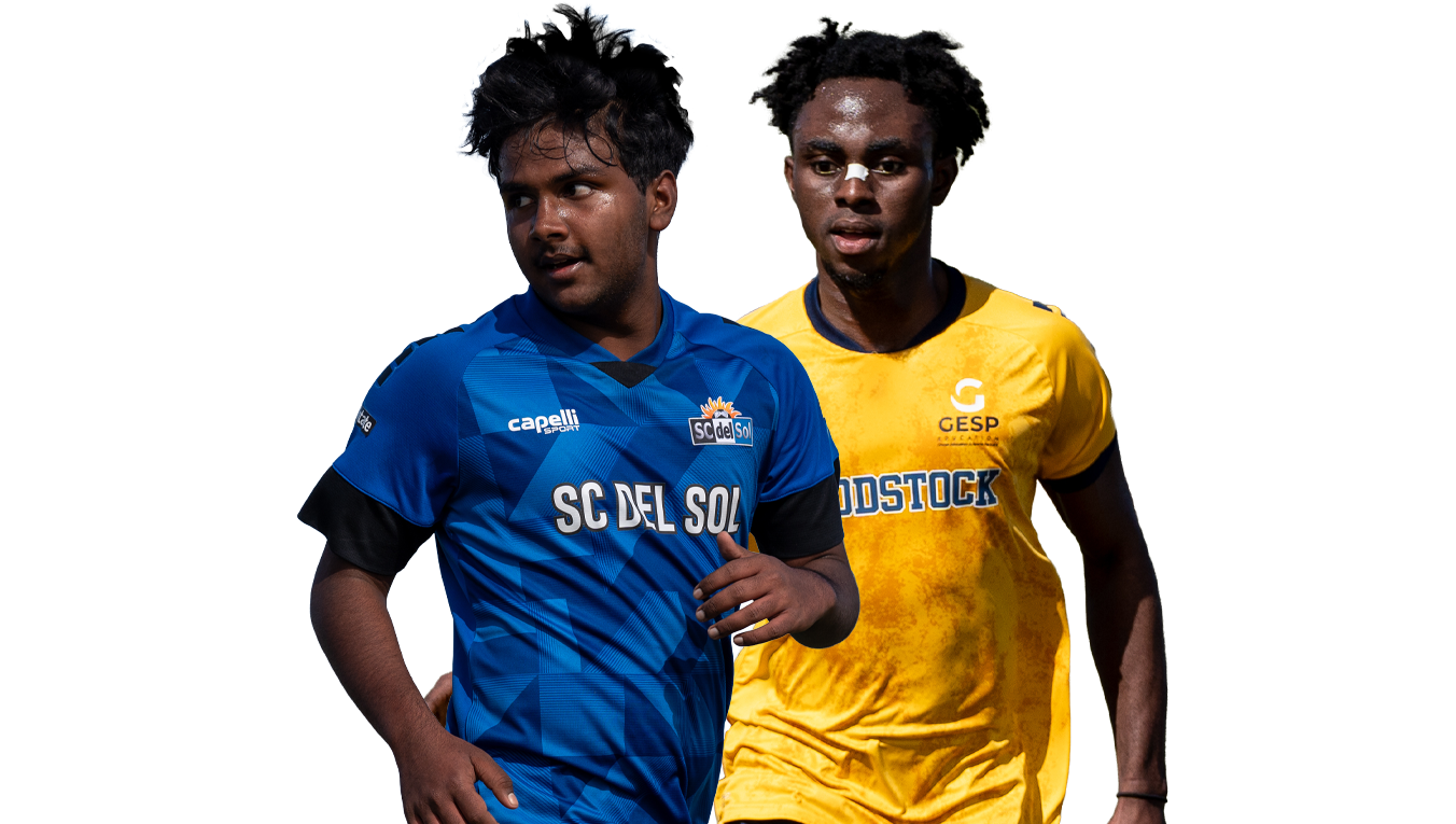 Two soccer players running side by side against a white background. The player in front wears a blue jersey with 'SC DEL SOL' and 'capelli' logos, while the player behind wears a yellow jersey with 'GESP'