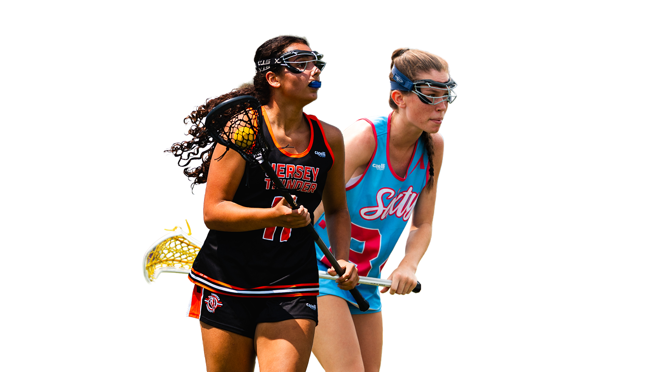 Two lacrosse players in action on a white background. The player on the left wears a black jersey with the number 11, while the player on the right wears a light blue jersey.