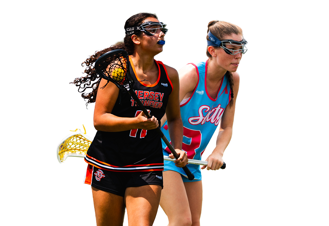Two female lacrosse players in action on a white background, wearing protective goggles and athletic jerseys. One player wears a black Jersey Tigers uniform with red and white accents.
