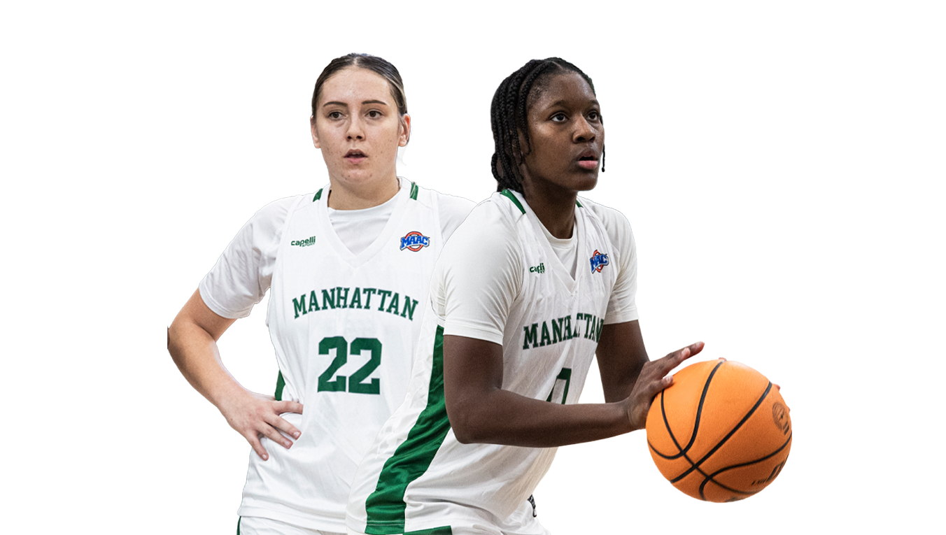 Two female basketball players in white and green Manhattan jerseys, one holding an orange basketball, isolated on a black background.