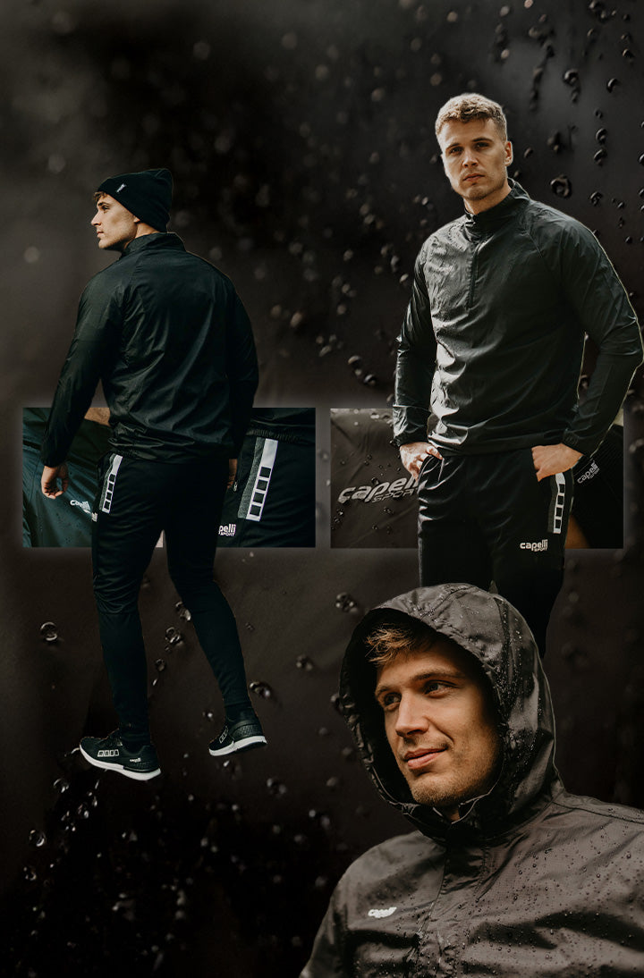 Collage of a person wearing a dark raincoat and pants with visible branding on a dark background.