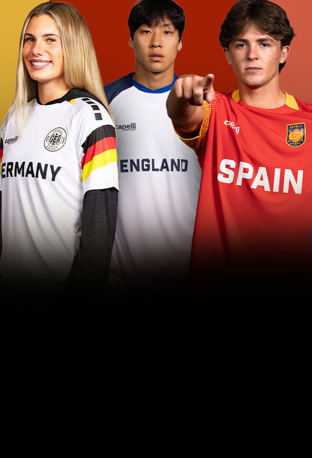 Three individuals wearing soccer jerseys representing Germany, England, and Spain against a black background.