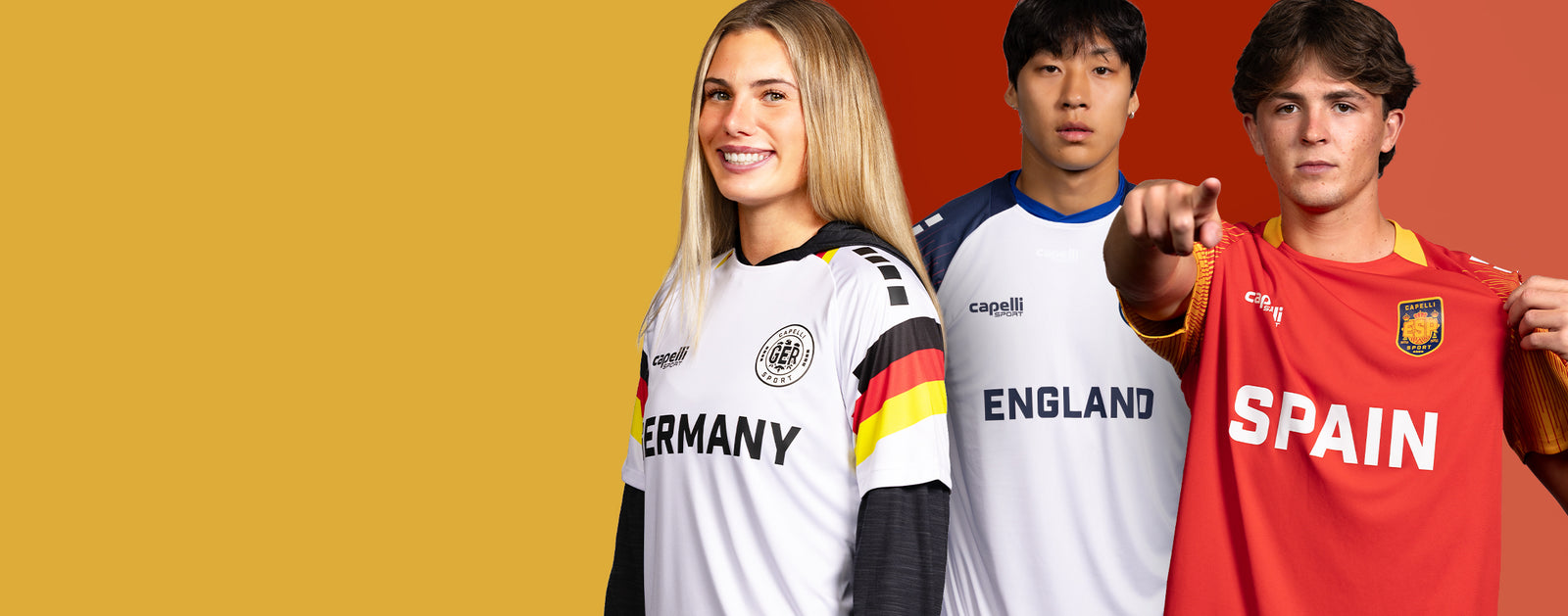 Three people wearing soccer jerseys representing Germany, England, and Spain on a gradient background.