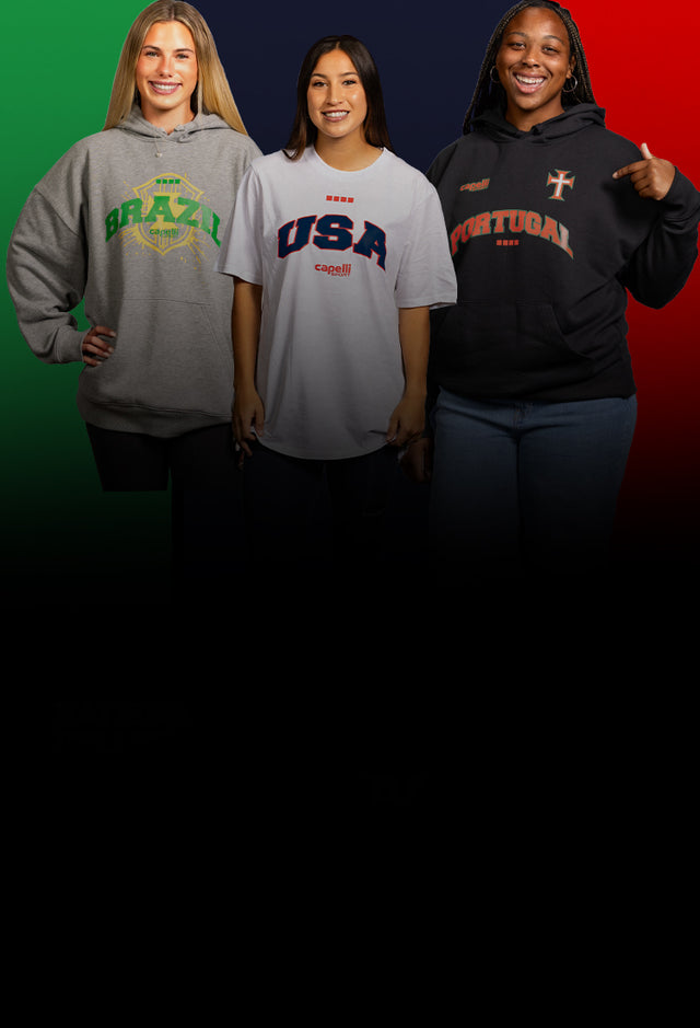 Three people wearing sweatshirts with 'BRAZIL', 'USA', and 'PORTUGAL' text on a multicolored background.